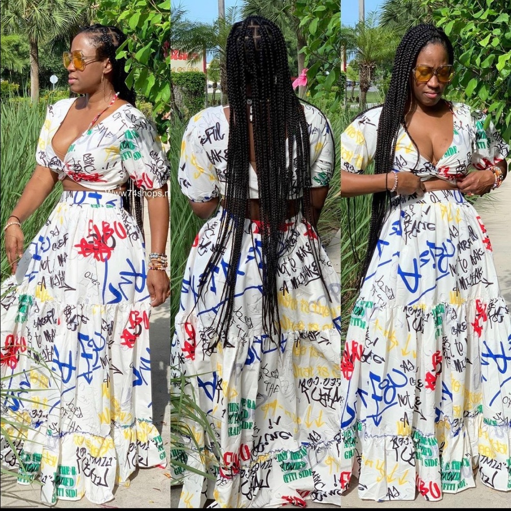 2 piece graffiti print skirt set